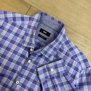 Hugo Boss Men's Purple Regular Fit Plaid Easy Iron Button-Up Shirt - Size Large